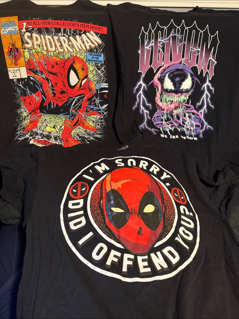 Marvel Spider Man, Deadpool, and Venom Graphic Tee Bundle - Three (3) Shirts